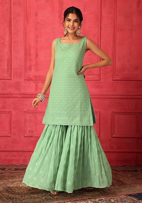 Veera⚔️ | Mint Green Mirror Work Kurta with Black Sharara Palazzo Set