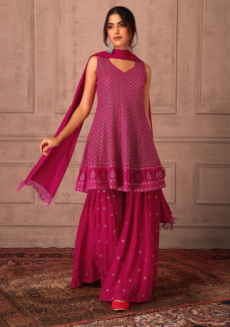 Buy Women Magenta Embroidered Sharara Set With Top And Long Jacket - Reds &  Pinks - Indya