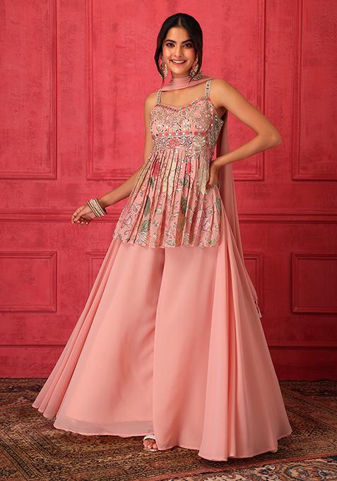 Buy Women Pastel Pink Sharara Set With Short Embroidered Peplum Kurta