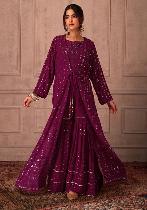 Magenta Embroidered Sharara Set With Top And Long Jacket 