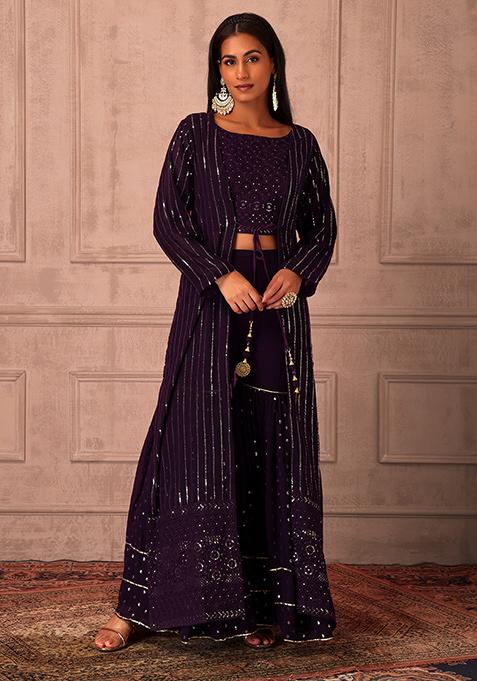 Wine Embroidered Sharara Set With Top And Long Jacket 