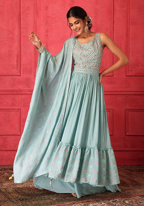 Blue Embroidered Sharara Set With Tiered Kurta And Dupatta 