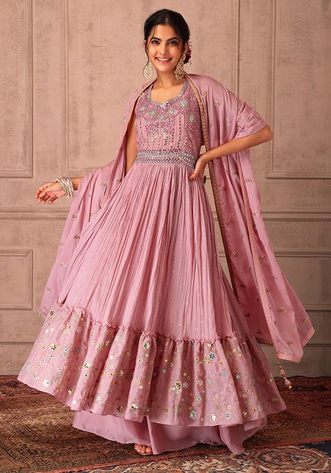 Pink Embroidered Sharara Set With Tiered Kurta And Dupatta 