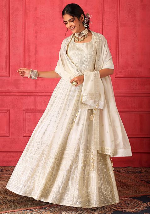 Ivory Sequin Embroidered Anarkali Gown   