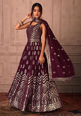 Wine Color Net Embroidered Anarkali Gown with Dupatta - Rent main image 0