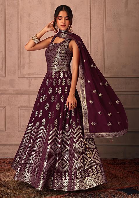 Wine Sequin Embroidered Anarkali Gown   