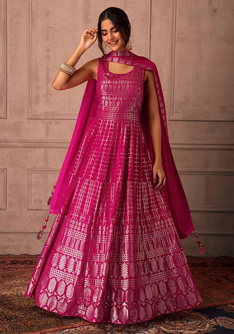 Fuchsia Pink Sequin Embroidered Anarkali Suit Set With Dupatta
