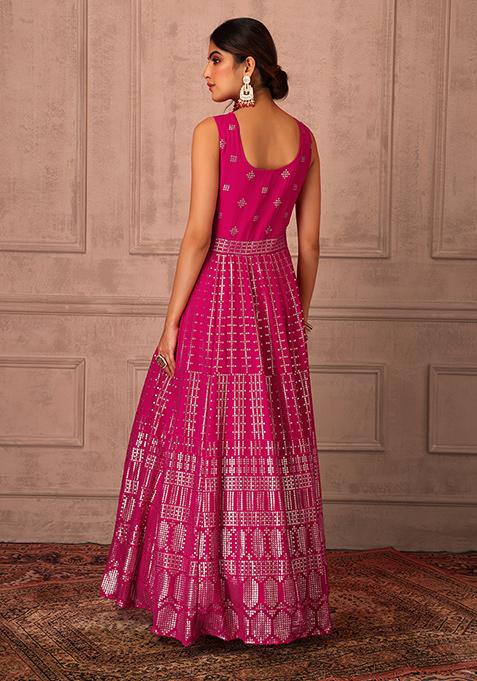 Fuchsia Self Design Silk Anarkali Suit Set