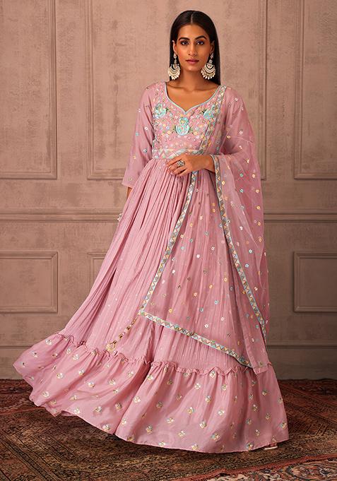 Pink Embroidered Anarkali Suit Set With Dupatta