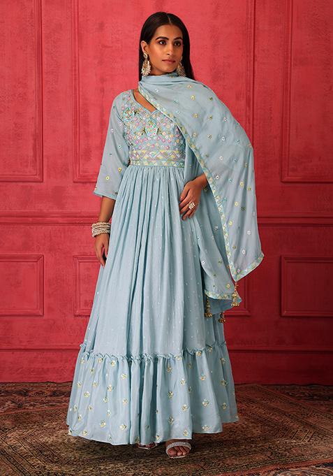 Pastel Blue Embroidered Anarkali Suit Set With Dupatta