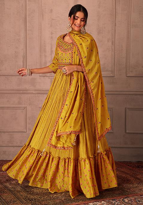 Mustard Yellow Embroidered Anarkali Suit Set With Dupatta 