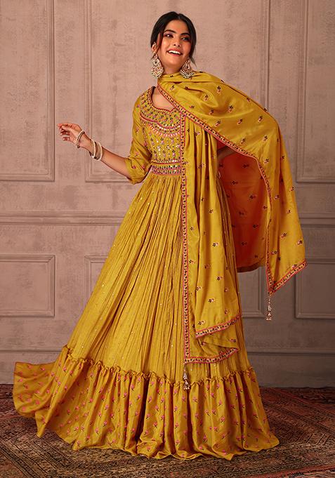 Mustard Yellow Embroidered Anarkali Suit Set With Dupatta