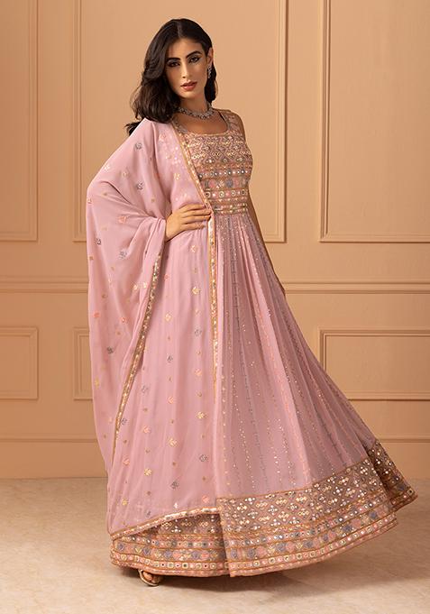 Pink Embroidered Silk Blend Anarkali Suit Sets With Dupatta