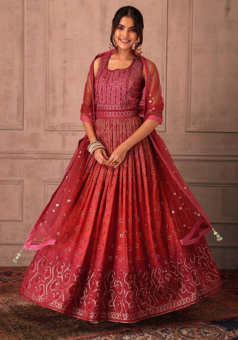 Red Embroidered Anarkali Suit Set With Dupatta