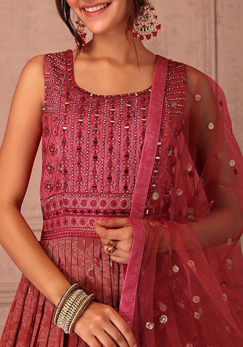 Striped Anarkali Set with Red Dupatta main image 0