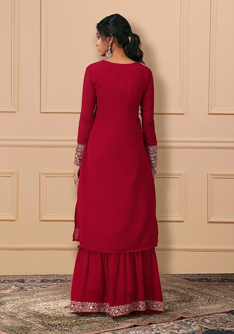 Women Red Short Kurta With Sharara & Lehariya Dupatta