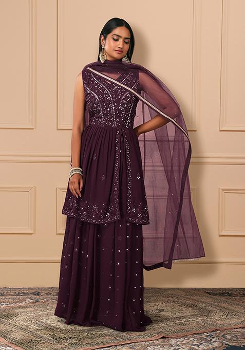 Wine Mirror Embroidered Lehenga Set With Short Kurta And Dupatta 