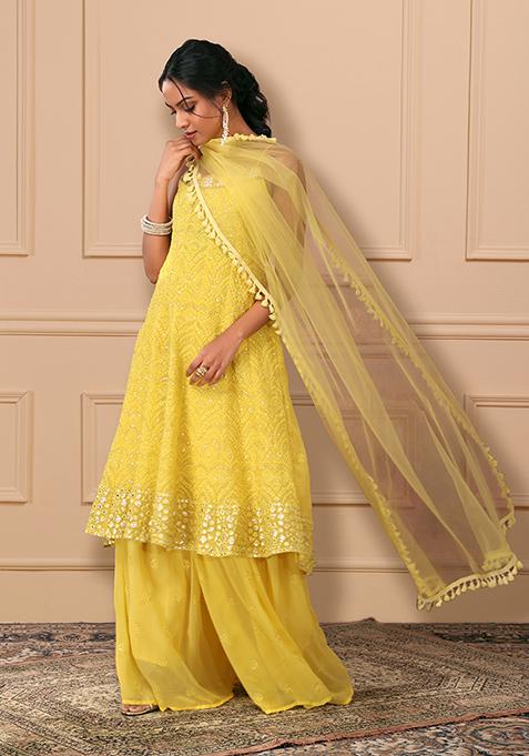 Yellow Thread And Gota Embroidered Sharara Set With Short Kurta And Dupatta