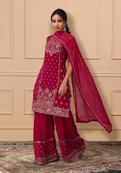 Ruby Red Sequin And Zari Embroidered Kurta Set With Palazzo Pants And Dupatta