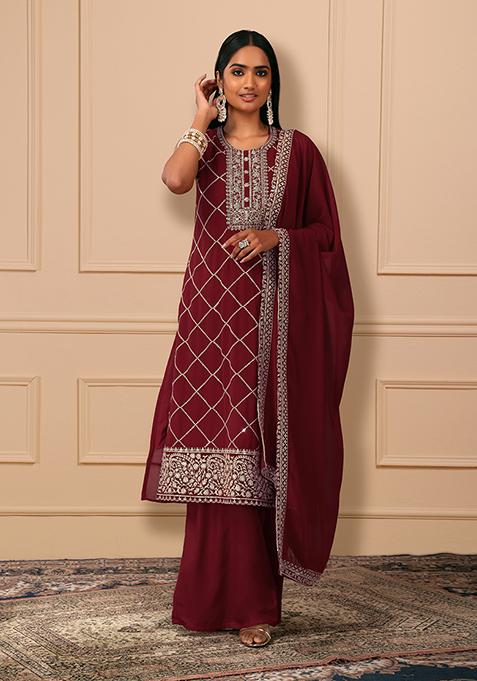 Ruby Red Lurex Embroidered Kurta Set With Palazzo Pants And Dupatta