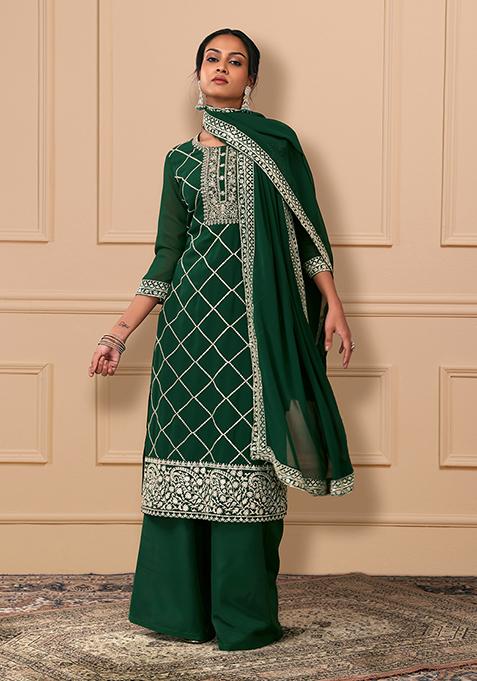 Emerald Green Lurex Embroidered Kurta Set With Palazzo Pants And Dupatta