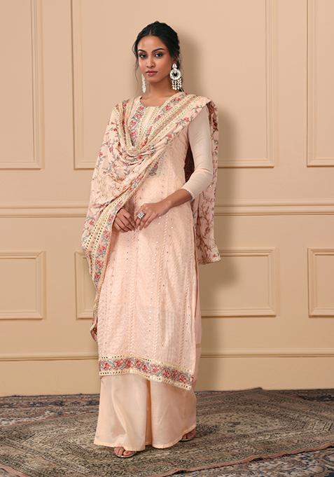 Blush Pink Embroidered Kurta Set With Palazzo Pants And Dupatta 