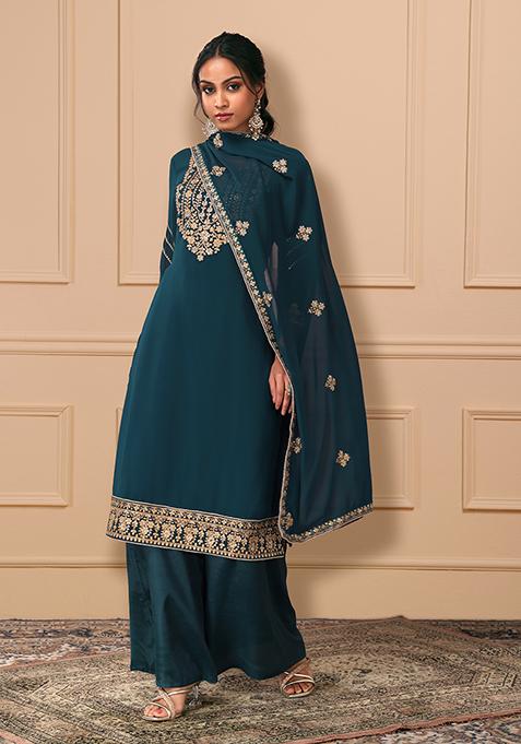 Teal Zari Embroidered Kurta Set With Palazzo Pants And Dupatta 