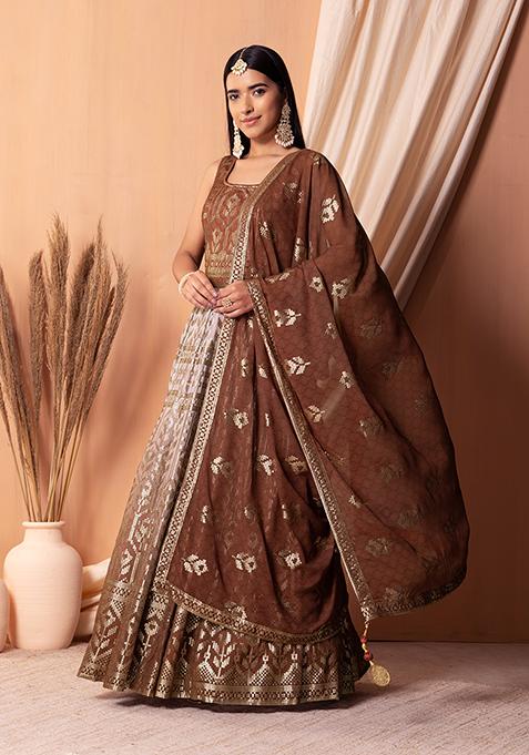 Brown Sequin Embroidered Anarkali Gown With Dupatta