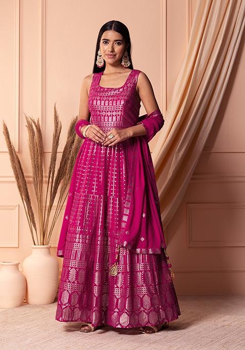 Hot Pink Matte Sequin Embroidered Anarkali Gown With Dupatta