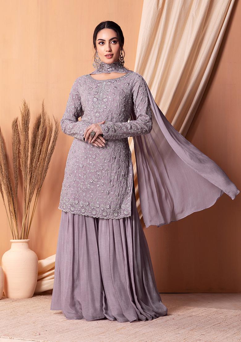 Lilac Straight Kurta And Sharara Suit Set main image 1
