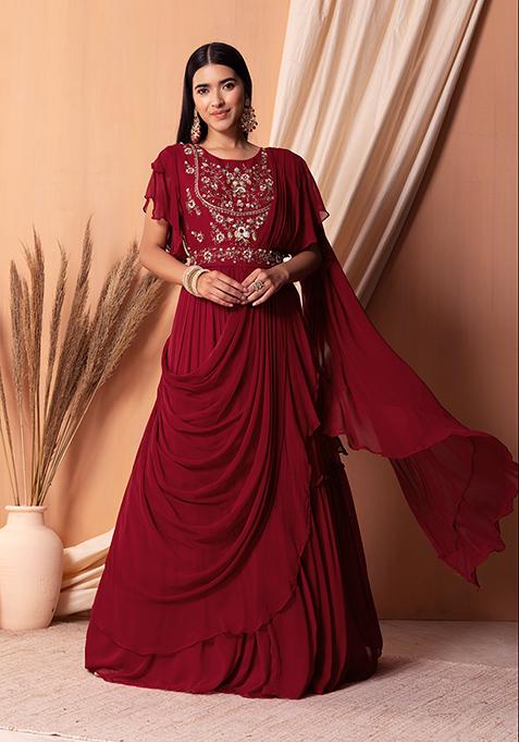 Red Zari And Floral Thread Embroidered Drape Kurta Set With Belt