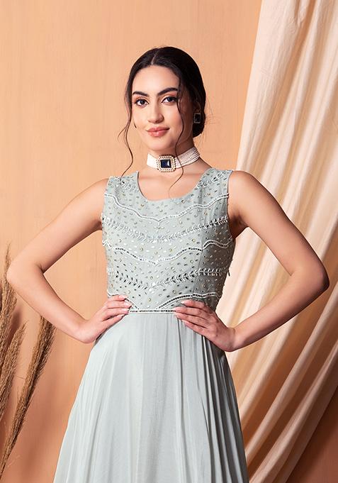 Women White Chinnon Mirror Embroidered Kurta with Pant & Embroidered Dupatta main image 1