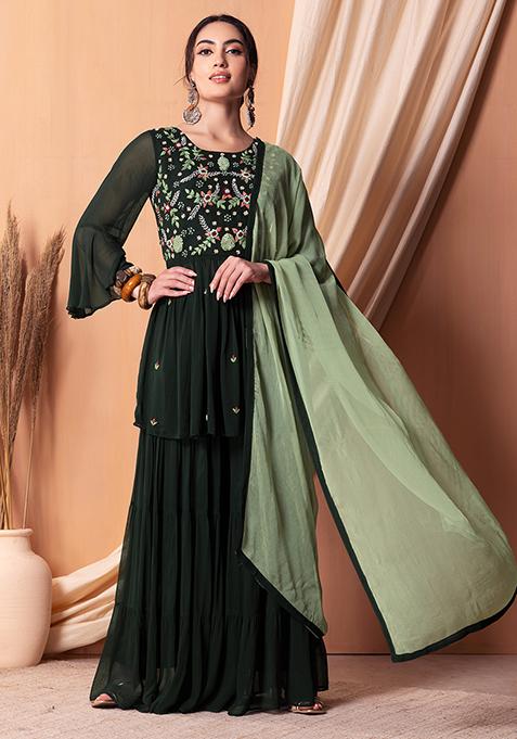 Dark Green Floral Thread Embroidered Sharara Set With Peplum Kurta And Contrast Dupatta