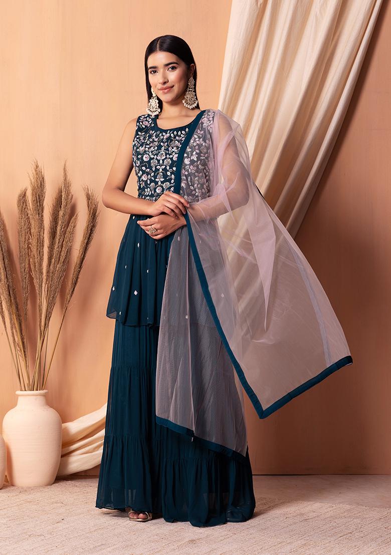 Women Teal Blue Floral Printed Cotton Flared Sharara main image 1