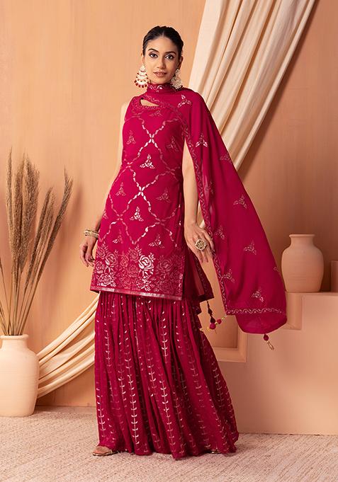 Red Sequin Embroidered Sharara Set With Kurta And Dupatta