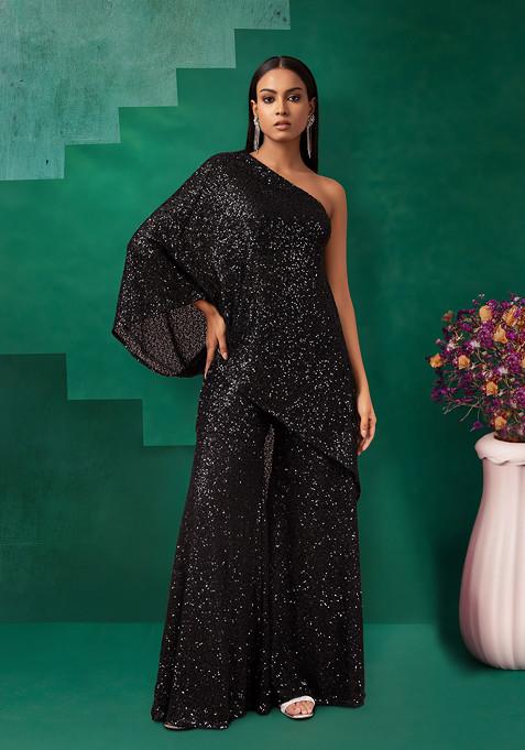Black Sequin Embroidered One Shoulder Top With Flared Palazzo Pants