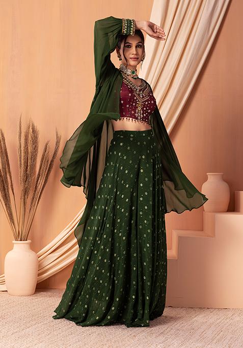 Dark Green Jacket Set With Contrast Hand Embroidered Blouse And Palazzo