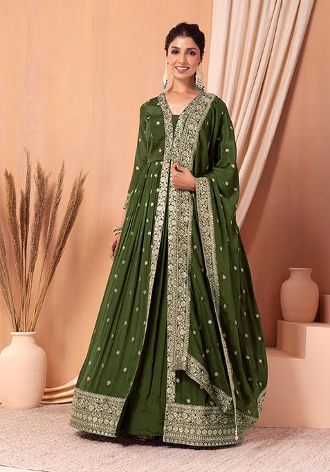 Green Zari Sequin Embroidered Kurta Set With Lehenga Skirt And Dupatta