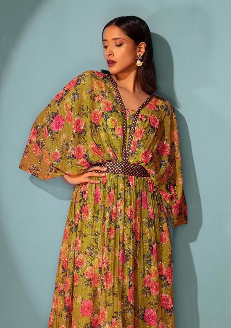 Mustard Floral Print Embroidered Gown