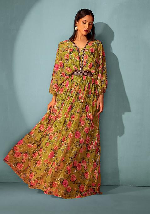 Mustard Floral Print Embroidered Gown