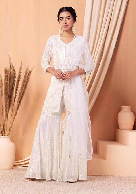 White Sequin Embroidered Kurta And Palazzo Set With Dupatta And Belt