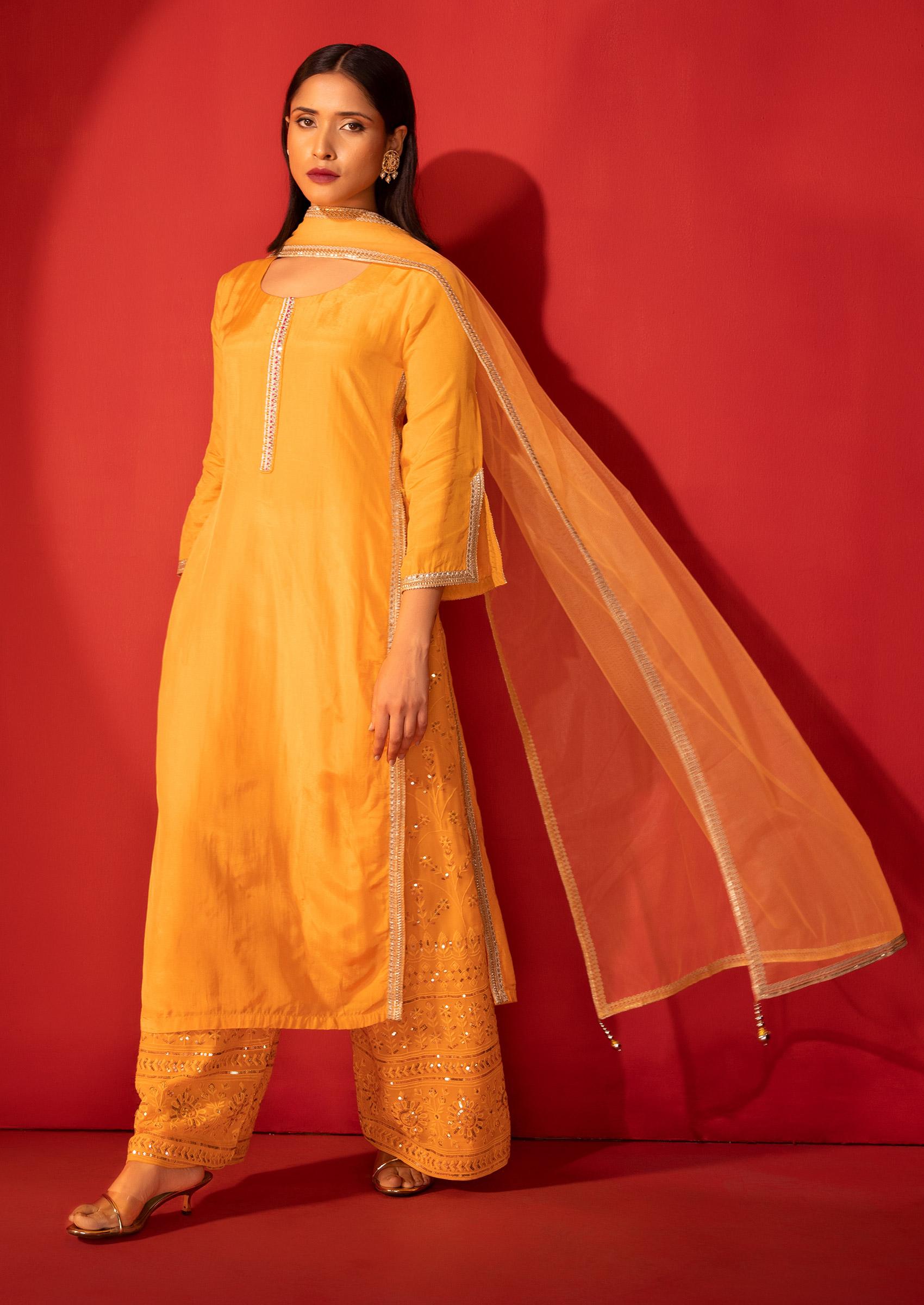 Orange Georgette Kurta Palazzo With Heavy Embroidery And Sequence Work With Heavy Georgette 2024 Diamond Work Dupatta For Women , Indian Suit