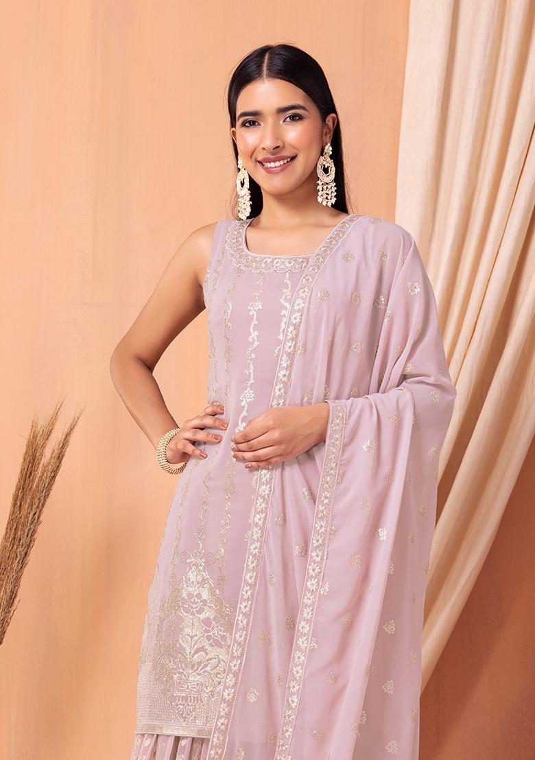 Blush Pink Embroidered Sharara Set With Kurta And Dupatta - Indya