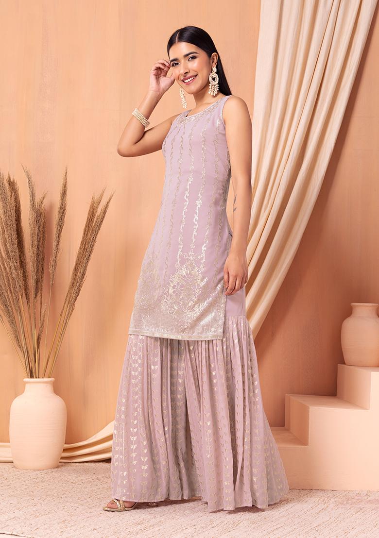 Blush Pink Embroidered Sharara Set With Kurta And Dupatta - Indya