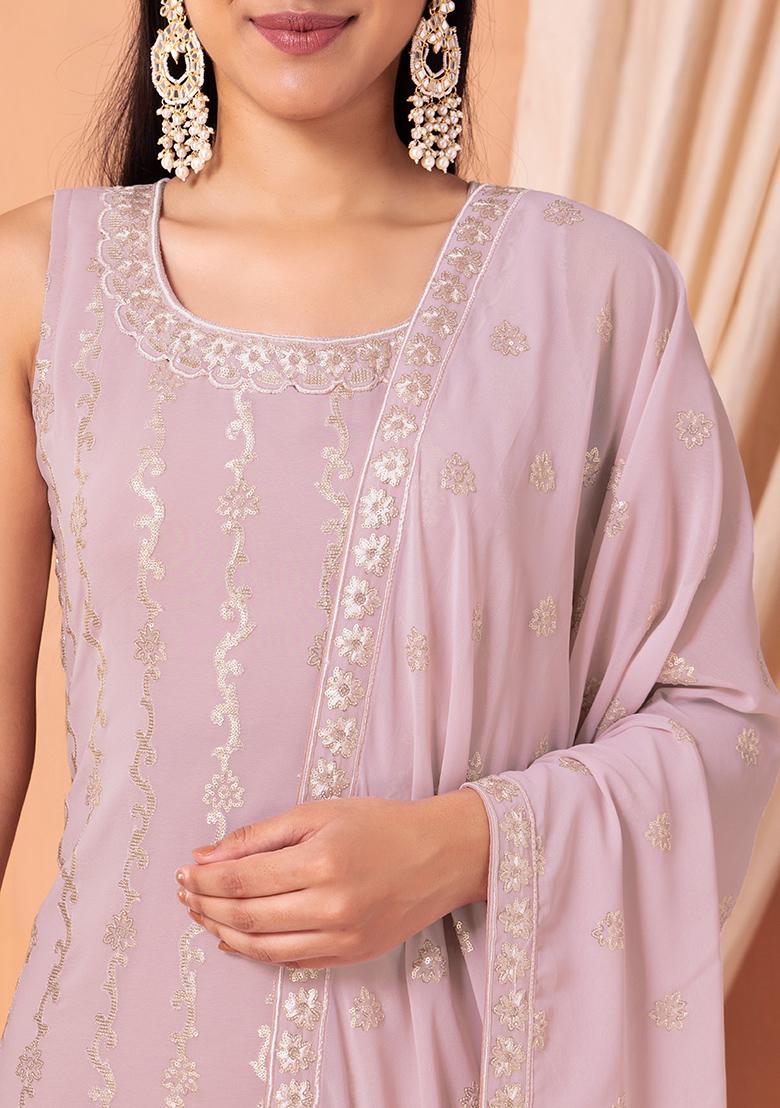 Blush Pink Embroidered Sharara Set With Kurta And Dupatta - Indya