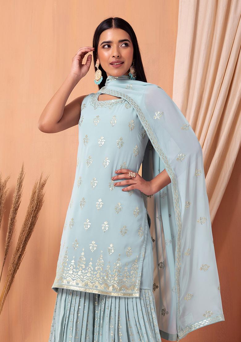 Beige Embroidered Kurta Set with Sharara & Dupatta