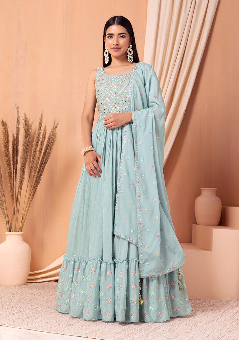 Buy Silver Silk Organza Embroidery Bodice Anarkali Gown With Dupatta For  Women by Mirroir Online at Aza Fashions.