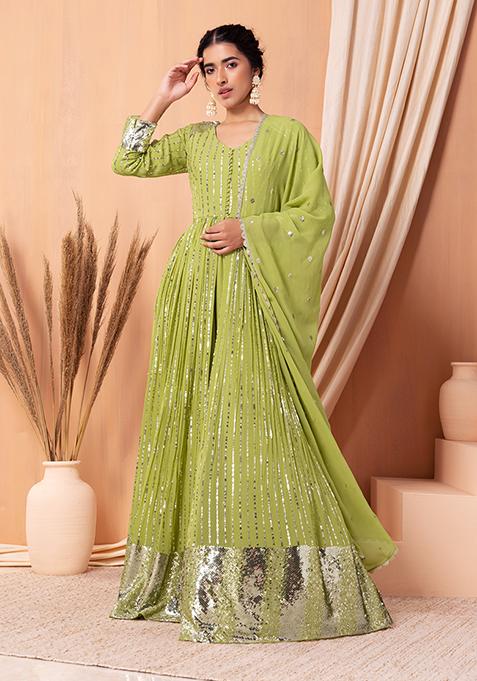 Green Glossy Sequin Embroidered Kurta Set With Palazzo And Dupatta