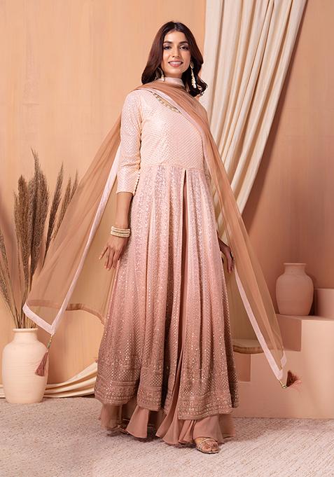 Pastel Pink Thread Embroidered Anarkali Suit Set With Sharara And Dupatta