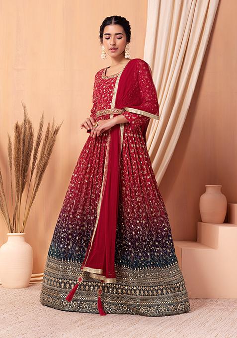 Red Bandhani Print Embroidered Anarkali Gown With Dupatta And Belt